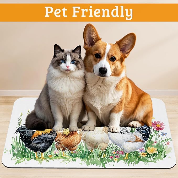 Chicken Rooster Dog Cat Food Mat,Green Grass Absorbent Waterproof Placemat for Food and Water Non Slip Rubber Backing Durable Feeding Pad for Clean Floors 12" x 20"
