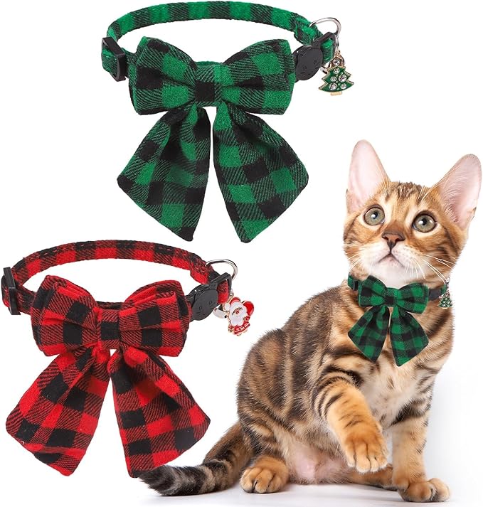 SCENEREAL Christmas Cat Collar with Bell & Stylish Bowtie, Classic Red Green Plaid Pattern Breakaway Cat Collars Accessories for Boy Girl Small Cats, Holiday Xmas Kitten Costumes for Female Male Pets