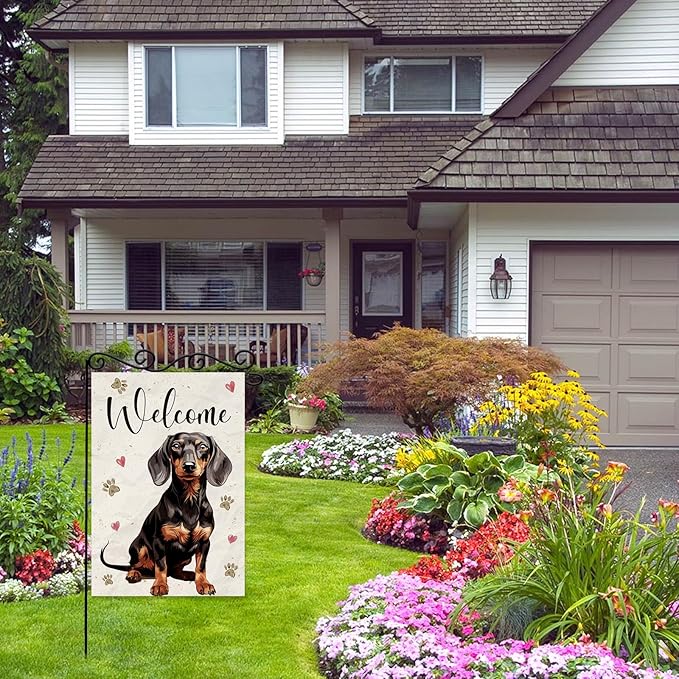 Welcome Dog Summer Garden Flag,Dog Paw Print Garden Flag,Welcome to Cute Dog House Double Sided Outdoor Decor Yard Lawn Home Decoration.12x18 Inch