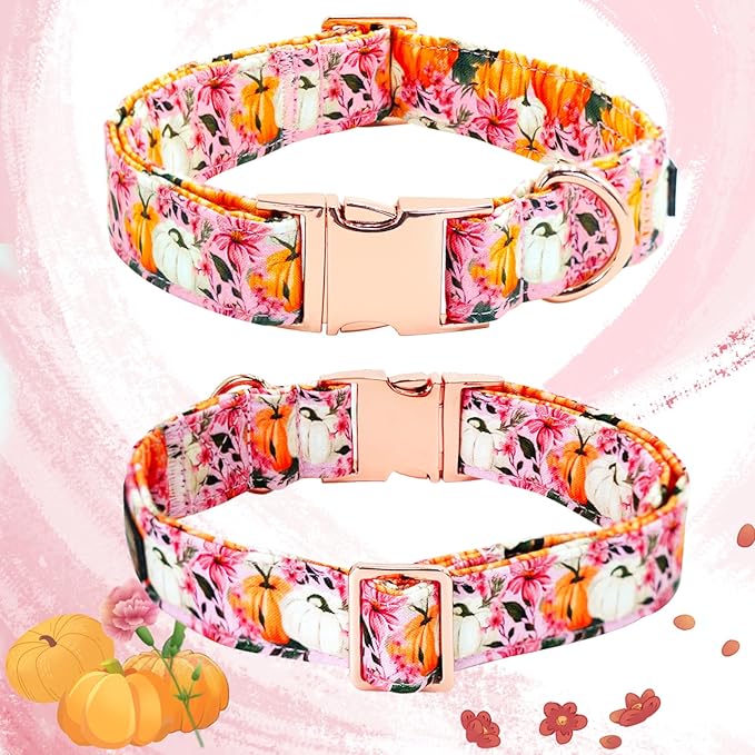 Fall Dog Collar, Pink Flower Pumpkin Print Adjustable Pet Collar Cute Cotton Soft Collars with Bow Tie Metal Buckle Holiday Puppy Collars Boy&Girl Gift for X-Small Dogs