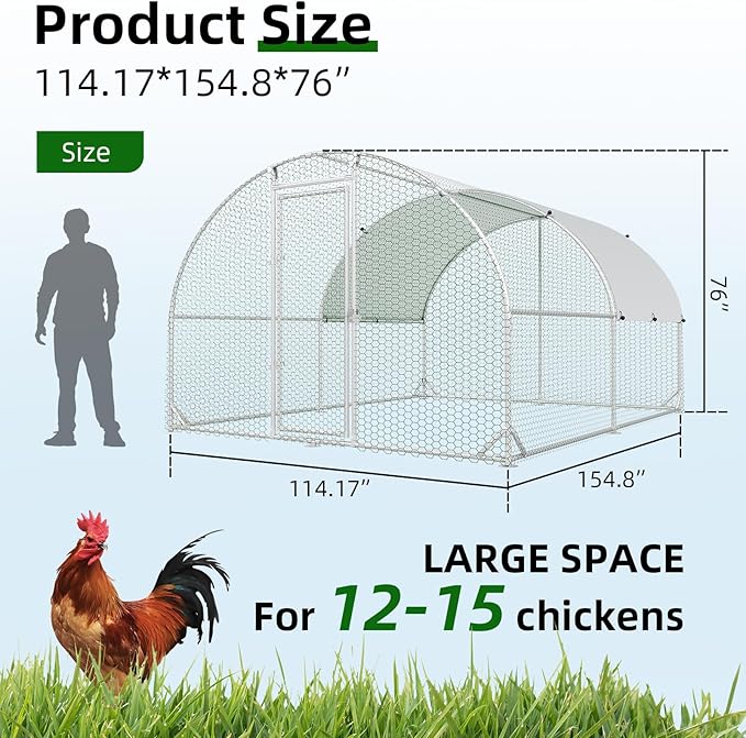 Large Metal Chicken Coop, Walk-in Chicken Run with Reinforced Wire Mesh and Anti-UV Cover, Dome Roofed Poultry Cage for Hens, Ducks and Rabbits, Outdoor Backyard Farm Pen, 9.5'W x 12.9'L x 6.3'H