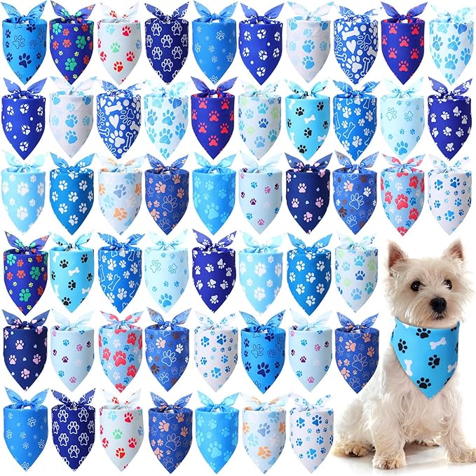 50 Pcs Blue Paw Print Dog Bandanas Bulk Animal Footprint Bandanas for Dogs Triangle Kerchief Bib Scarf Set for Pet Winter Costume Photo Props Daily Accessories Pet Shops (31.5 x 21.7 x 21.7)