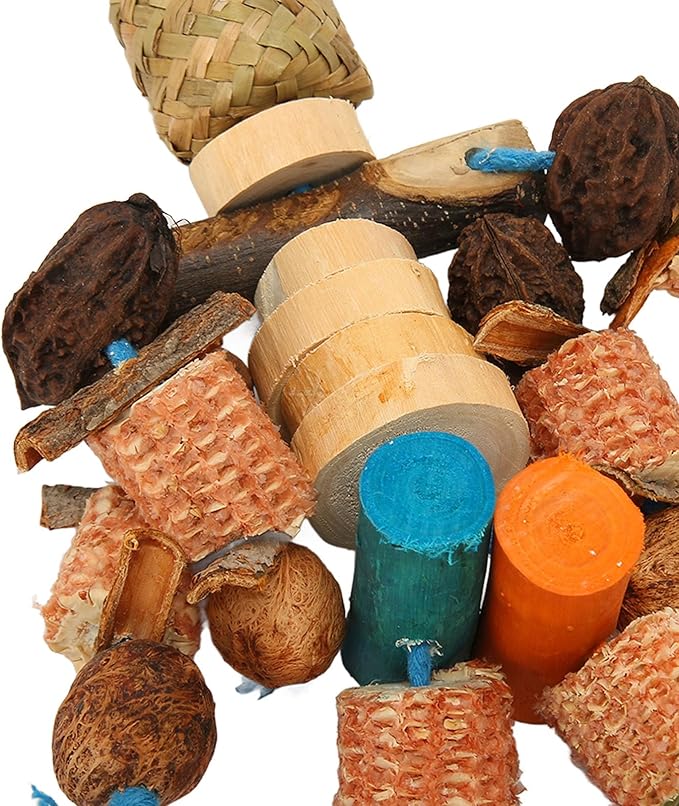 Parrot Chew Toy, Wood, Corn Cob and Nut, Non Edible Coloring, Beak Health, Foraging Toy for Macaws, Conures, Amazons