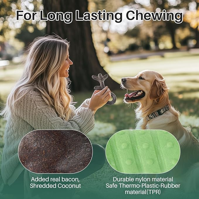 Gardner Pet 4-Pack Dog Chew Toy, Long Lasting Interactive Dog Toys Add Shredded Coconut Nylon+TPR,Teeth Cleaning and Training Toy for Medium/Large Breed,Bacon Flavor(Antler-L/S+Bone-S+Cookie)