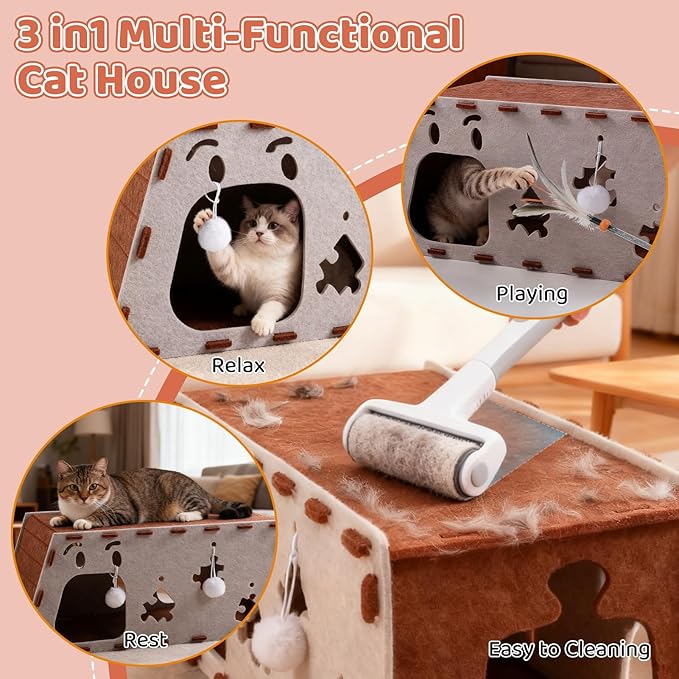 Large Felt Cat Cave & Tunnel with Hanging Balls, Built-in Scratcher - Modular Peekaboo Cat Hideaway House for Large Breed Cats, Stackable Play & Rest Bed