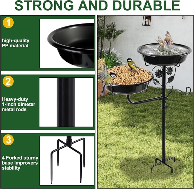 32.7 Inch Metal Bird Bath for Outside, Double Bowls Bird Baths for Outdoors, Freestanding Birdbaths for Outdoors Garden Decor, Bird Feeders Stand for Outdoors with Metal Stake,Garden Decor for Outside
