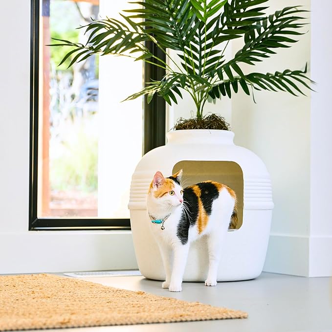 Good Pet Stuff Hidden Litter Box Planter, Decorative Cat Litter Enclosure with Carbon Filter, Artificial Plant, Easy Clean, Indoor Design, Original Round Style, Essentials Kit, White Birch
