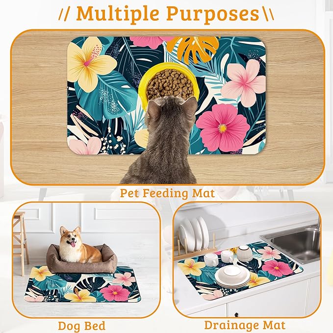Tropical Palm Dog Food Mat,Exotic Leaves Floral Absorbent Pet Feeding Mat for Food and Water Bowl,Quick Dry Dog Placemat Non Slip Rubber Backing Waterproof Pet Supplies 12" x 20"