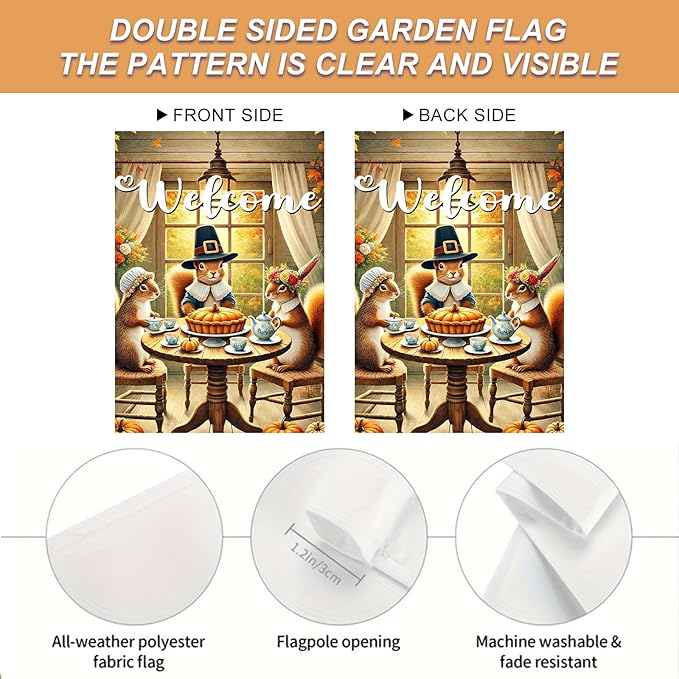 Welcome Garden Flag Autumn Garden Flag Adorable Squirrels Tea Party Decorative Garden Flags Pumpkin Pie Festive Fall Scene Outdoor Yard Banner 12x18 Inch Double Sided Home Accent