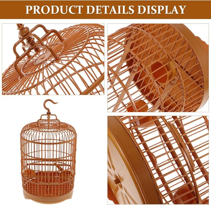 VILLCASE Round Bird Cage for Small Birds, 9.8" X 17.6 “ Plastic Travel Carrier for Parakeets Budgies Finches, Vintage Hanging Style Birdcage Prop with Feeder Cups for Vet Visits & Decor Snap-Fit
