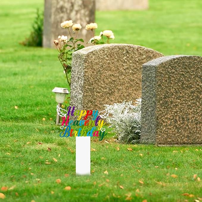 BUoonyer Stake Graves Cemetery Decorations - Happy Birthday in Heaven Metal Memorial Grave Markers, Happy Heavenly Birthday Graveyard Sympathy Plaque, Graveside Burial Decor Sign for Yard Garden