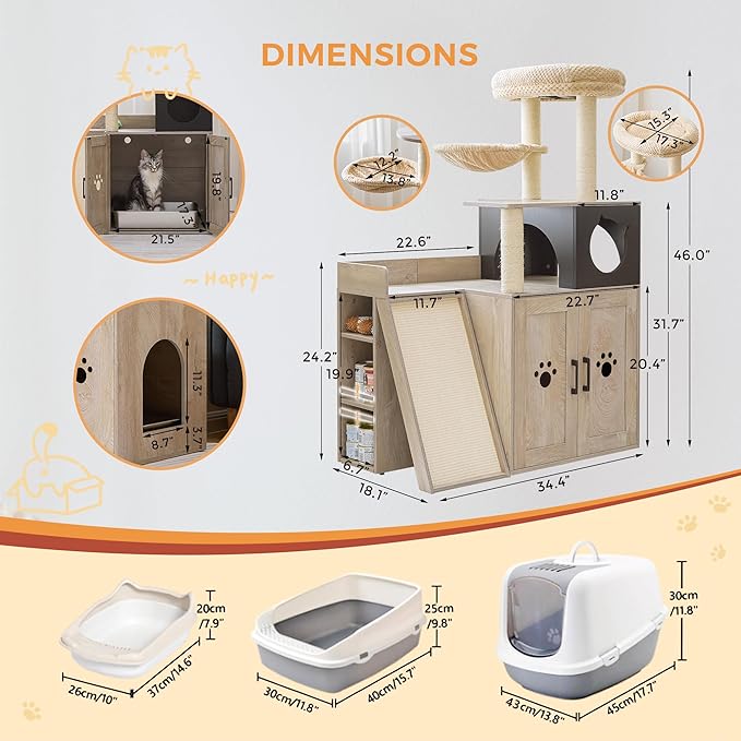 IRONCK Litter Box Enclosure with Cat Tree, 46" Hidden Litter Box with Sisal Scratching Ladder and Storage, Modular Wooden Litter Box Furniture with Condo and Platform, All-in-one Cat Tower, Greige