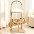 Modern Cat Tree Tower for Indoor Cats up to 12lbs, 34" H Furniture-Style Metal Cat Tower with Scratching Posts, Wood Cat Bed with Soft Plush Cushion Washable, Acrylic Capsule, Cream Beige