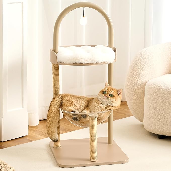 Modern Cat Tree Tower for Indoor Cats up to 12lbs, 34" H Furniture-Style Metal Cat Tower with Scratching Posts, Wood Cat Bed with Soft Plush Cushion Washable, Acrylic Capsule, Cream Beige