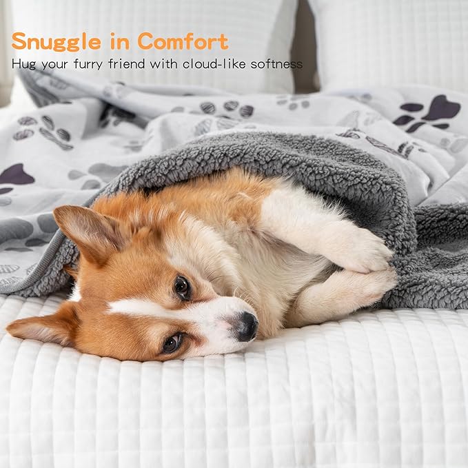 Waterproof Dog Blankets, 30"x40" Cat Blanket for Indoor Cats, Soft Fluffy Sofa Car Bed Protector, Reversible Sherpa Fleece Puppy Blanket for Small Medium Dogs (Light Grey-Paws)