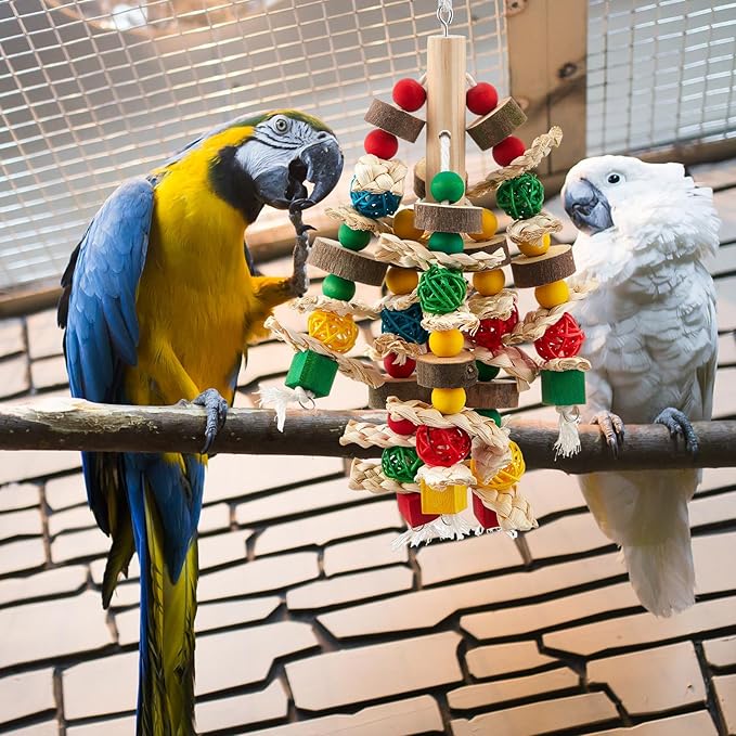 3 Pcs Extra Large Bird Parrot Toy Multicolored Natural Wooden Parrot Cage Chewing Toys for Large Medium Macaws Cockatoos African Grey Birds (Ring and Ball)
