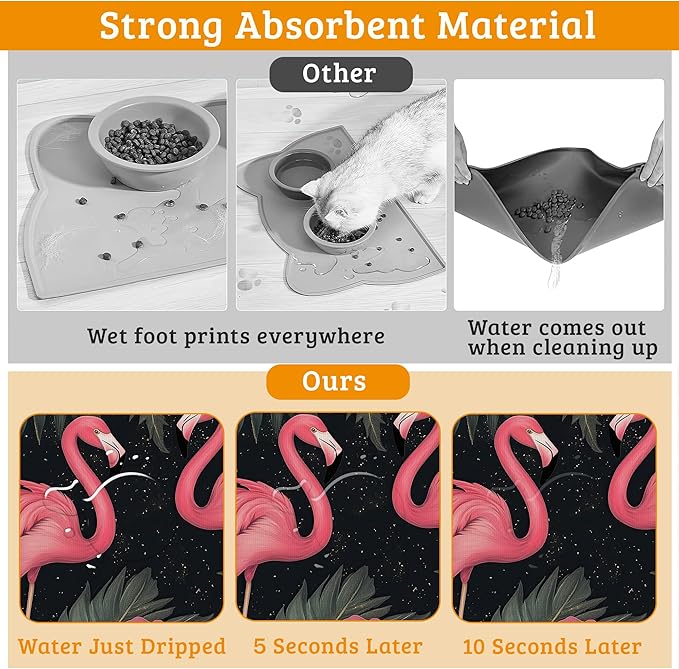 Pet Feeding Mat,Pink Flamingo Absorbent Dog Cat Food Mat Palm Leaves Dog Mat with Rubber Backing,Non-Slip Water Bowl Placemat,Pet Supplies 16" x 24"