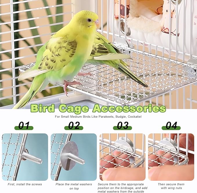 Stainless Steel Bird Perch for Cage, Open-Grid Easy Clean Parrot Perch Stand Platform, Claw-Friendly Grip Bird Cage Accessories for Cockatiel, Conure, Budgie, Parakeet, Small Medium Birds