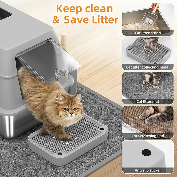 Stainless Steel Litter Box with Lid,Front Entry Top Exit Kitty LitterBox,Extra Large Enclosed Metal Cat Box with Litter Scoop & Litter Mat-Light Gray