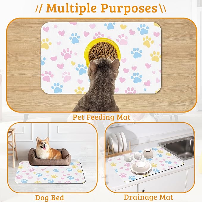Dog Bowl Mat,Colorful Dog Paws Pet Feeding Mat for Floors Waterproof,Animal Absorbent Dogs Placemat for Food and Water Quick Dry Pet Cat Feeding Mats with Non Slip Bottom 16" x 24"