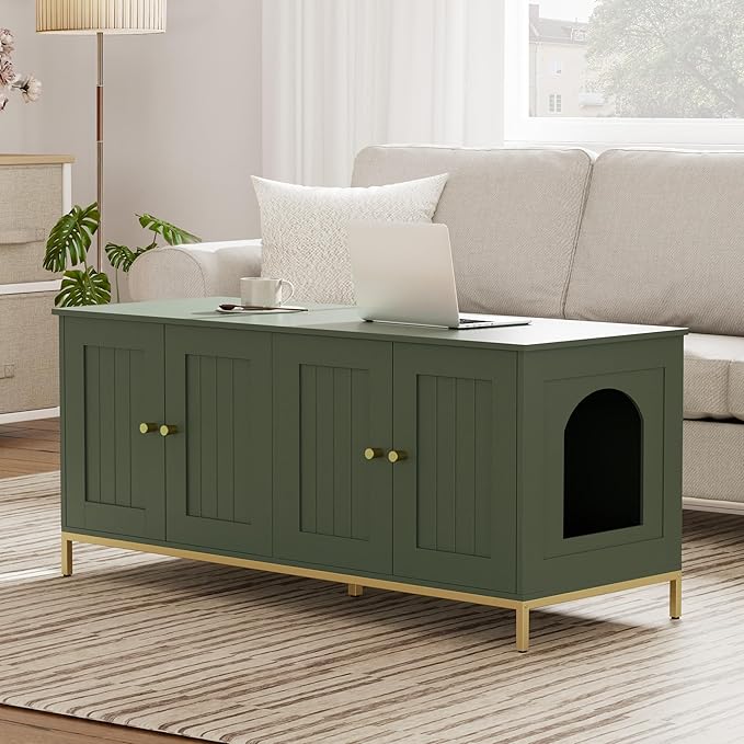 Homhedy Cat Litter Box Enclosure for 2 Cats, Litter Box Furniture Hidden with Double Room, Cat House, 47.2”L x 17.7”W x 21.7”H, Green and Gold
