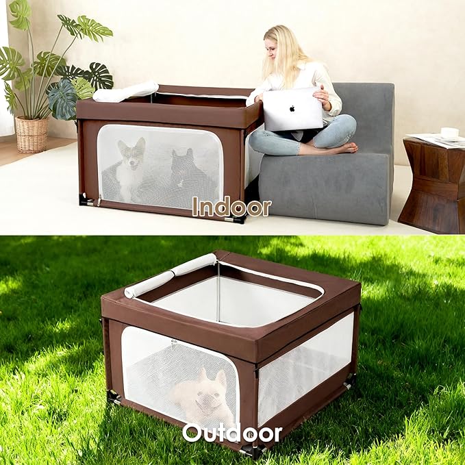 EHEYCIGA 42x42x26 Inches Puppy Playpen with Top Cover for Dogs & Cats Indoor or Outdoor - Dog Playpen with Door, Dog Fence for Small Animal with Heavy-Duty Oxford & Steel Frame, Brown