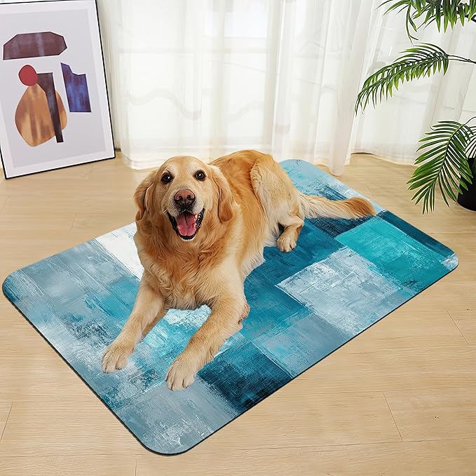 Blue Teal Dog Cat Food Mat–Christmas Stocking Absorbent Waterproof Placemat for Food and Water Bowls, Non Slip Rubber Backing, Feeding Mat for Clean Floors 12"x20"