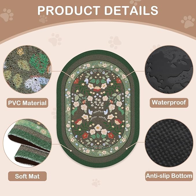 Bienbee Cat Litter Mat, 33" x 22" Large Size Litter Box Mat Rug with Non-Slip Bottom,Urine and Water Proof, Easy to Clean Cat Supplies Essentials for Indoor Kitty Kitten Floor,Green Flowers L
