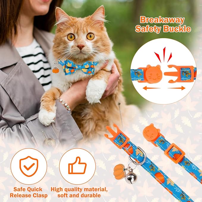 Breakaway Cat Collar Thanksgiving 2 Pack - Fall Pumpkin & Turkey Bow Tie with Bell, Safe Adjustable Kitten Collars for Holiday, Fits Cats and Small Puppies