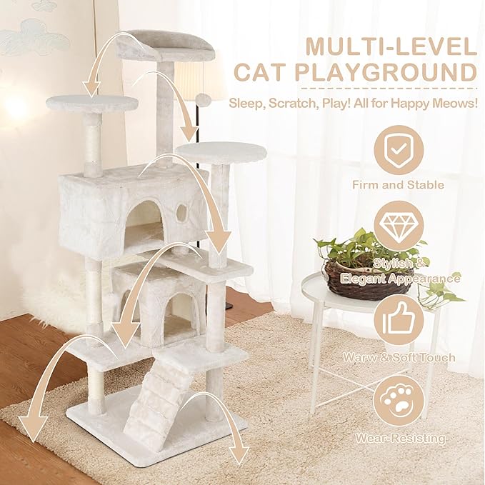 Heavy Duty Cat Tree Tower, 54" Tall Cat Tower for Indoor Cats with Cat Scratching Post with Bed, Cat Condo, Hanging Ball, Multi-Level Cat Climbing Tower Cat Trees Furniture Activity Center, Beige