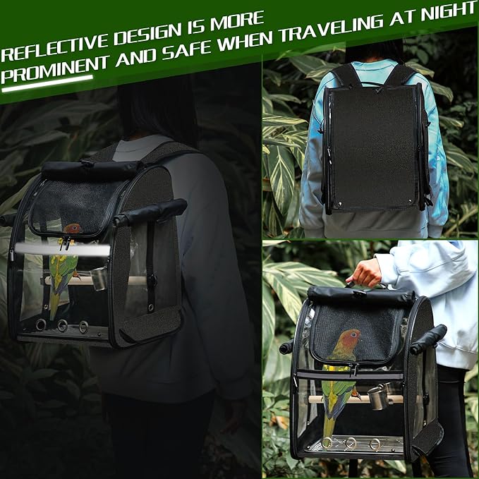 SUERTREE Bird Carrier Bag with Indestructible Stainless Steel Mesh, Bird Travel Cage with Stand, Easy to Clean Backpack for Parrot, Portable Bird Travel Bag, Black