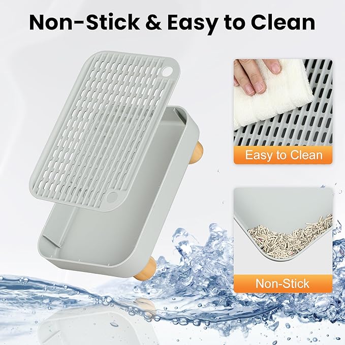 Litter Box Step, Litter Box Ramp/Catcher with Wooden Base, Anti-Tracking & Easy to Clean, Ideal for Small & Elderly Cats (Grey)