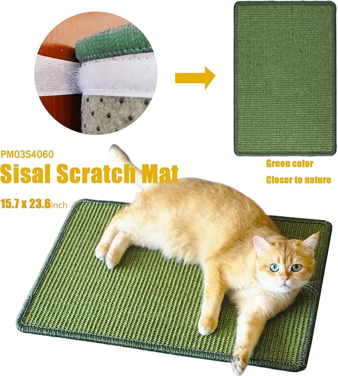 Cat Scratcher Mat, 23.6x15.7inch Natural Sisal Cat Scratchers for Indoor Cats with Velcro,Stick on Floor Cat Wall Scratcher,Horizontal Cat Scratch Mat Protect Furniture (Green Color)
