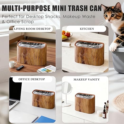 Cat Litter Scoop Holder – Wood-Grain Dual-Open Scoop Caddy with Bag-Lock Hole, Wide-Mouth Double-Layer Inner Bucket, Mini Desktop Trash Bin for Pet Scoops & Accessories