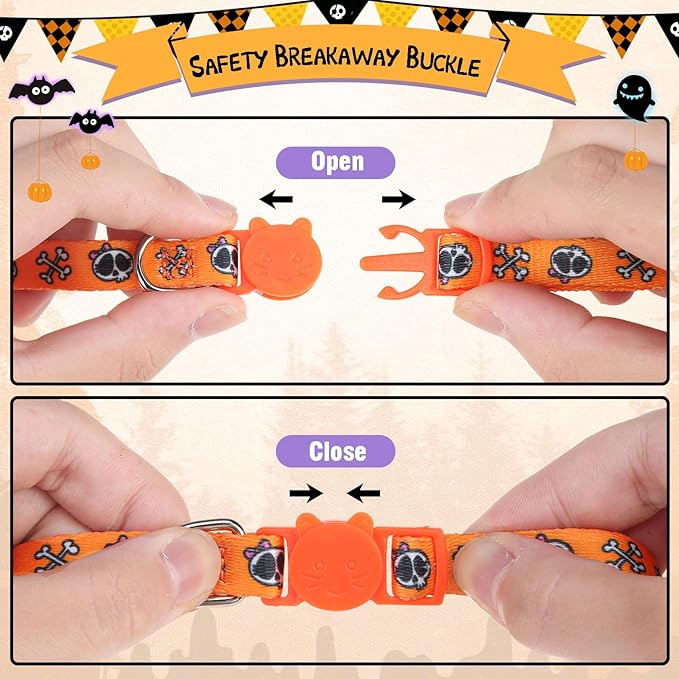 PUPTECK Breakaway Halloween Cat Collar with Bell Charm, 2 Packs Adjustable Kitty Collars Purple & Orange Skull Pattern, Orange Purple, 7.8-11.8 in