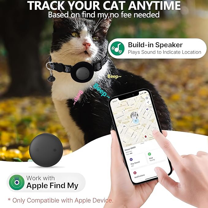 GPS Tracker for Cats, Mini GPS Pet Tracker with Collar, IPX8 Waterproof Cat Trackers Collar,No Monthly Fee,Work with Apple Find My(iOS Only),Smart Trackers for Pets-Black-3