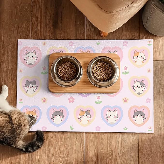 Cat Feedings Mats 20x12 inch Pink Heart Kitten Print Pet Bowl Placemat Non Slip Mat for Cats Food and Water Indoor Kitty Feeding Station Cute Cats Meal Mat for Small Pets Kitchen Floor Use