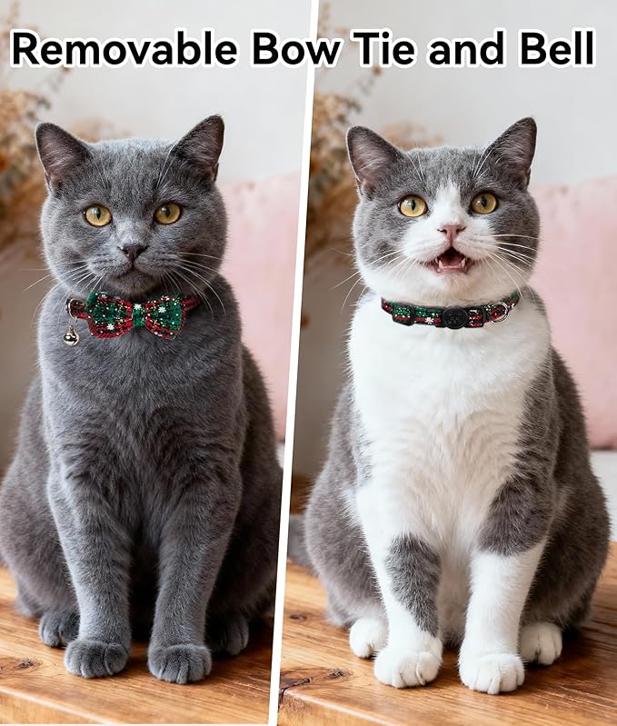 Joytale 2 Pack Christmas Cat Collar with Bells, Breakaway Cat Collars with Bow Tie, Girl Boy Safety Plaid Kitten Collars, Christmas Red+Green