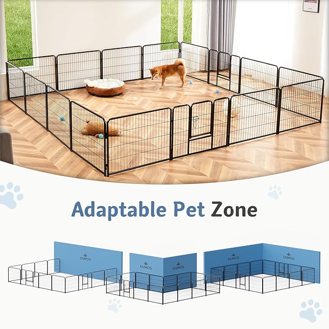 DUMOS Dog Playpen Indoor, Metal 24 Inch 16 Panels Foldable Pet Fence with Door, Outdoor Small Medium Large Dog Puppy Portable Exercise Play Pen for RV Camping, Trips, Play Yard