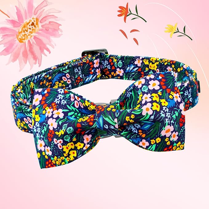 Lionheart glory Dog Collar Darkblue Flower Dog Bow Collars Floral Dog Collar with Bow Male or Female Spring Fall Pet Gift Durable Adjustable Dog Collar for Large Dogs