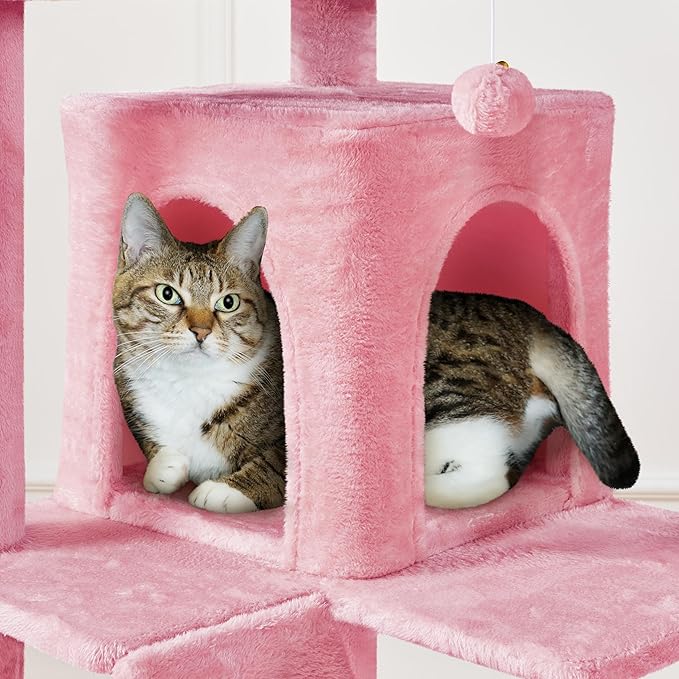 Yaheetech XL Cat Tree, 80in Multi-Level Cat Tower w/Scratching Posts, Double Condo, Perched Platforms and Dangling Balls, Pet Activity Center for Kittens, Pink