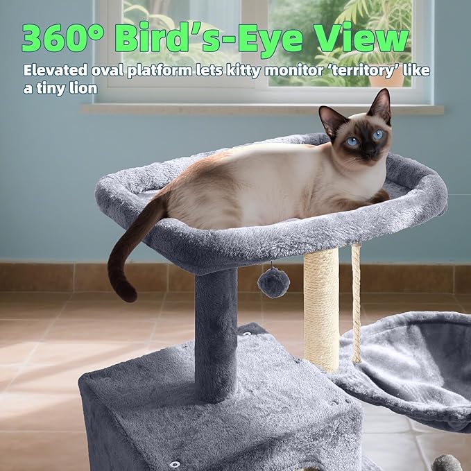 Cat Tree with Cat Condo and Hammock, Cat Tree with Scratching Posts and Scratching Pads, Cat Tower for Indoor Cats, Activity Centre Climbing Tree with Playful Toy Balls, Grey