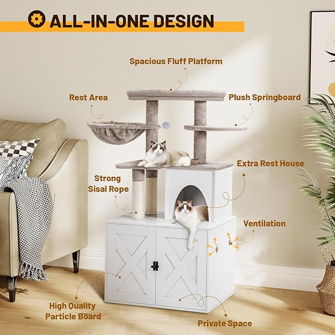 Snughome Cat Litter Box Enclosure with Cat Tree Tower and Condo, Hidden Washroom Furniture with Sisal Scratching Post and Soft Plush Perch, Wooden Cat Furniture with Multiple Platforms, White
