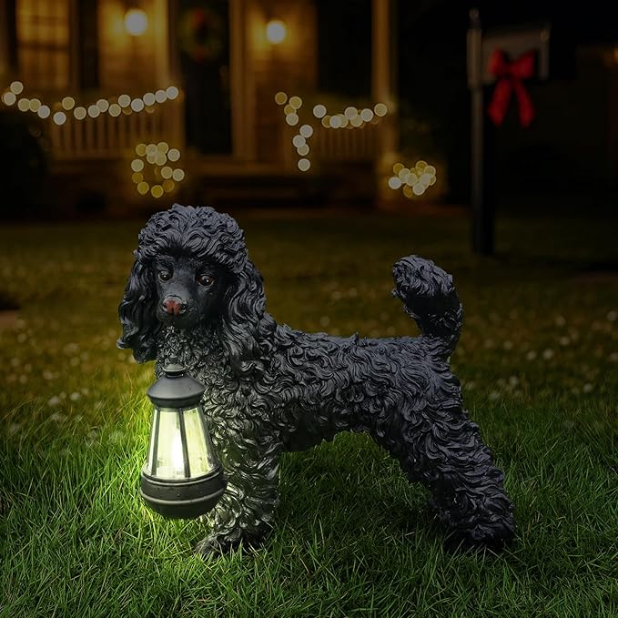 Poodle Statue Outdoor Decorations – Outdoor Dog Statue Standing Black Poodle with Removable Solar Light & Welcome Sign for Garden Décor