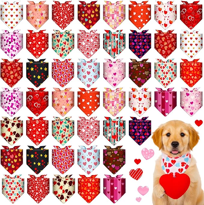 Sanwuta 48 Pcs Valentine's Day Dog Bandanas Bulk Valentines Dog Bandanas Adjustable Colorful Heart Scarf Red Pink Bib Accessories for Small Medium Large Breeds Pet Costume Accessories
