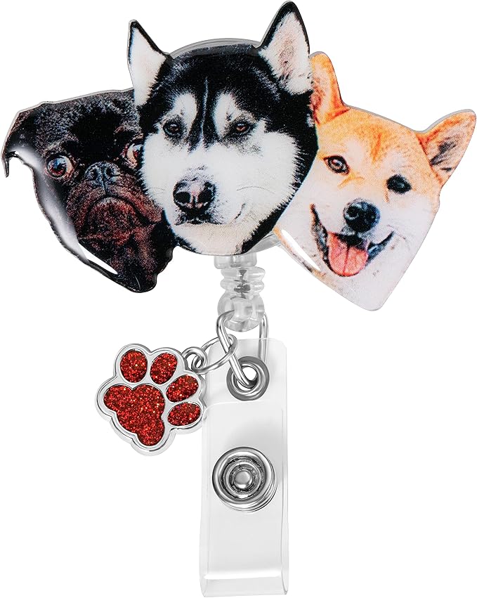 callie Personalized Pet Badge Reel - Custom Dog & Cat Photo, Cute ID Badge Holder Retractable with Alligator Clip & Paw Charm, Gifts for Dog Lover Nurse Vet Doctor（3 Pets）