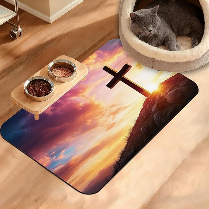 Pet Feeding Mat,Cross Absorbent Dog Cat Food Mat Sunset Dog Mat with Rubber Backing,Non-Slip Water Bowl Placemat,Pet Supplies 16" x 24"