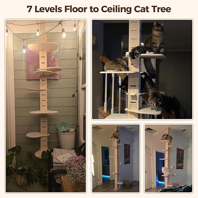 COZIWOW Floor to Ceiling Cat Tree Tower for Indoor Large Cats, 7 Tier Tall Cat Climbing Pole with Adjustable Height (98-114 inches), Modern Climbing Tower, Wood