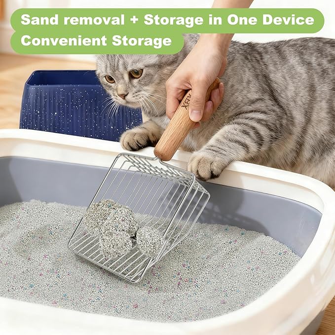XBX Cat Litter Scoop with Holder, Sturdy Stainless Steel Litter Scooper, Wide Gap Litter Shovel with Beech Wood Handle for Easy Daily Litter Box Cleaning