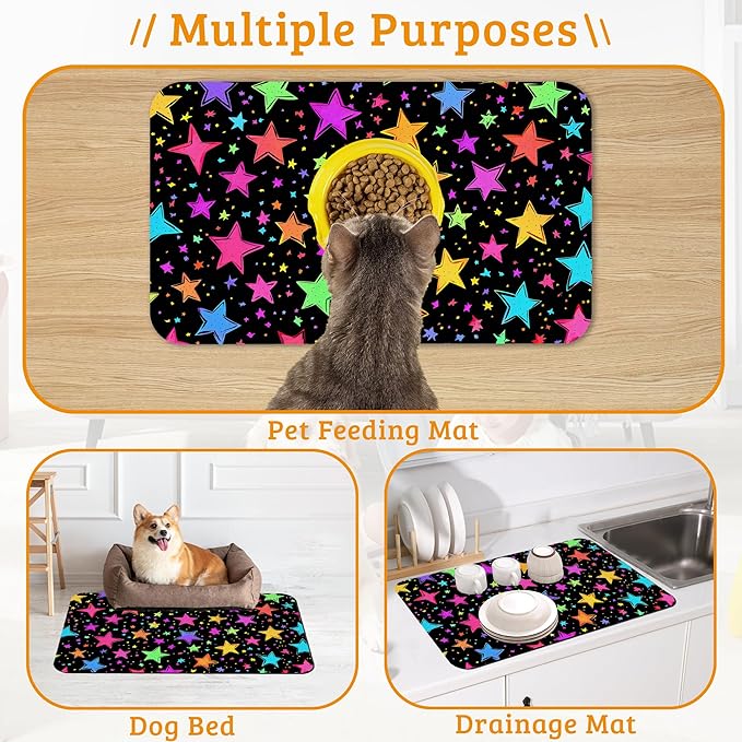 Neon Stars Dog Food Mat,Bright Colorful Absorbent Pet Feeding Mat for Food and Water Bowl,Quick Dry Dog Placemat Non Slip Rubber Backing Waterproof Pet Supplies 12" x 20"